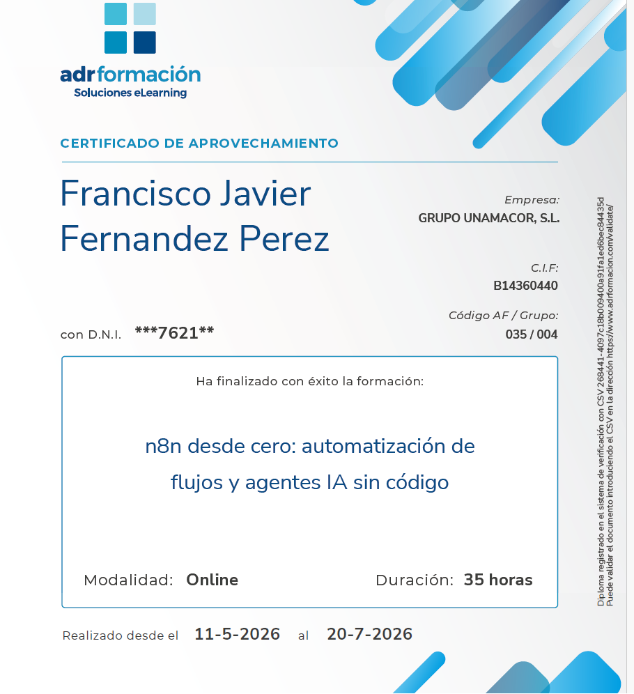 Título Especialización n8n Francisco Javier Fernández